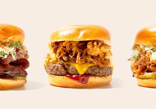 Brisket sandwich, cheeseburger with crispy onion, and chicken barbecue sandwich on a white background.