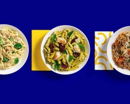 Three Pasta Dishes on Blue Background